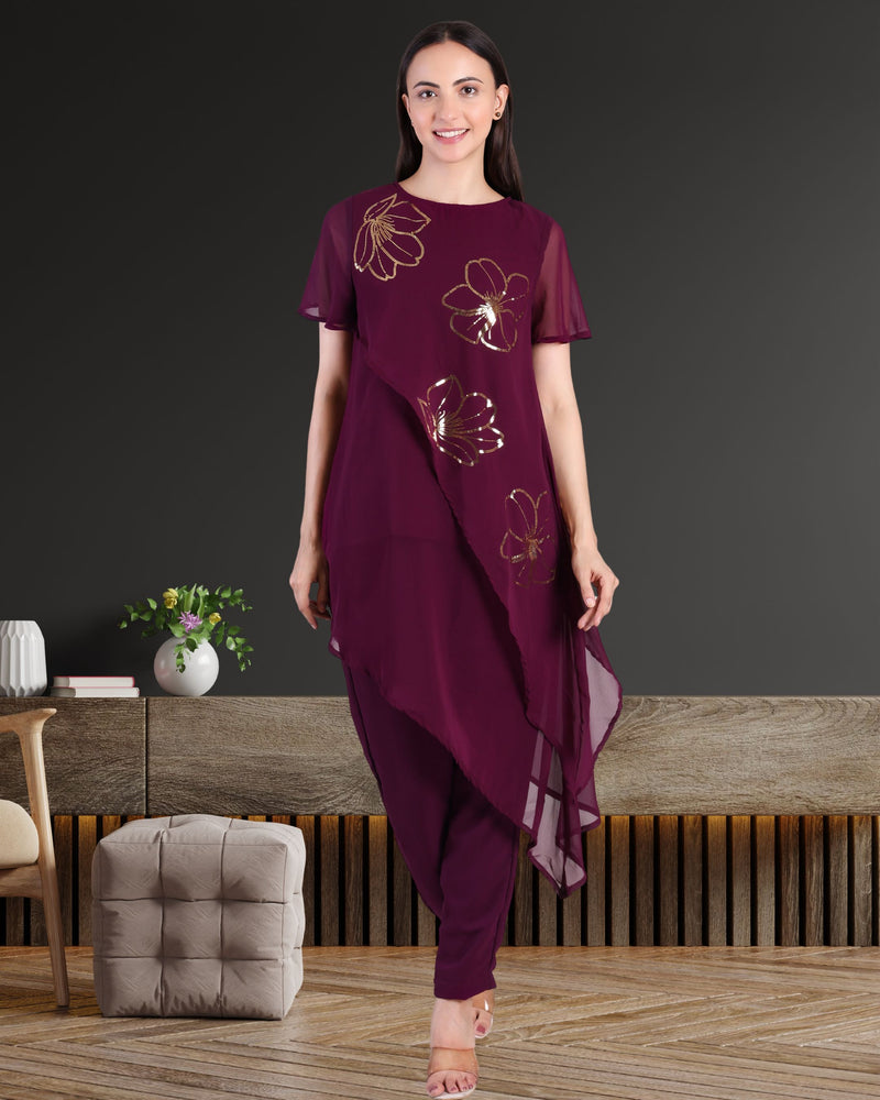 Women's Sequins Motifs Embellished Georgette Asymmetric Kurti Pant Set