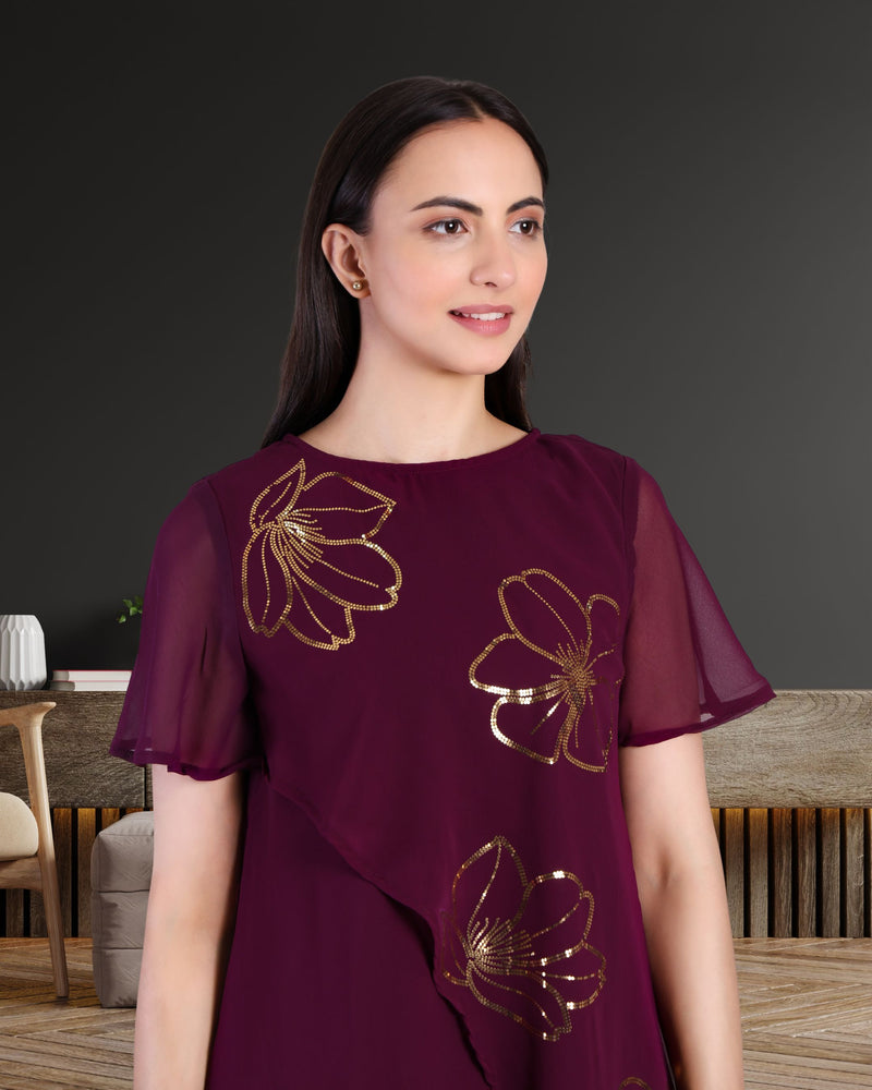 Women's Sequins Motifs Embellished Georgette Asymmetric Kurti Pant Set