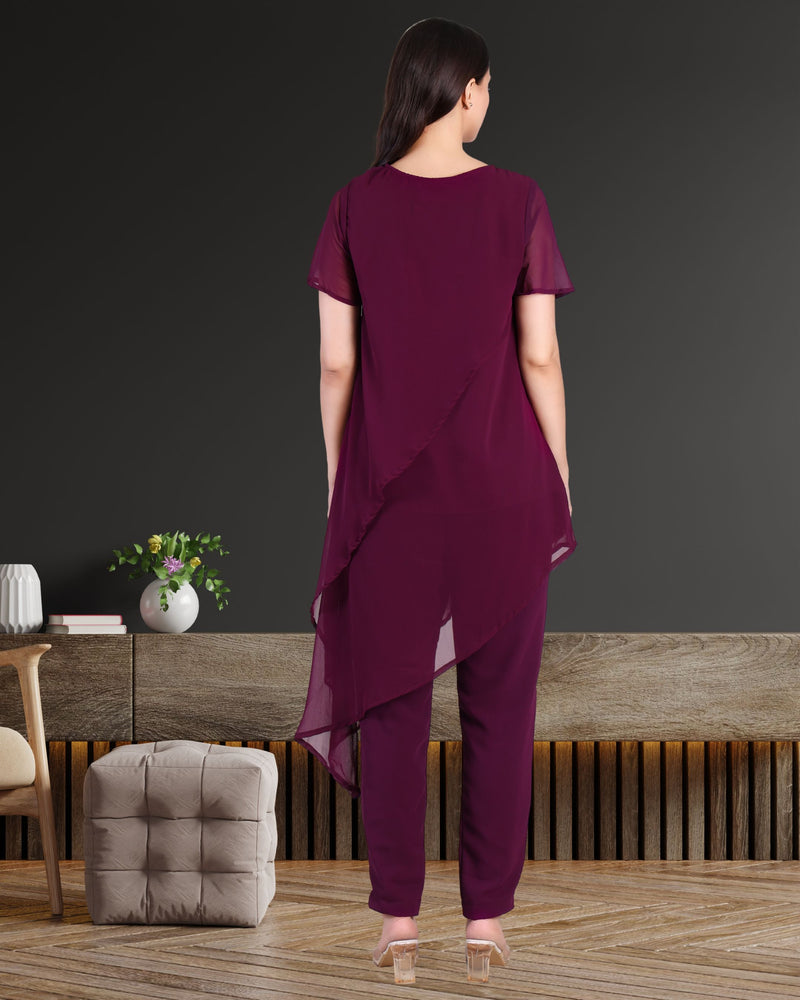 Women's Sequins Motifs Embellished Georgette Asymmetric Kurti Pant Set