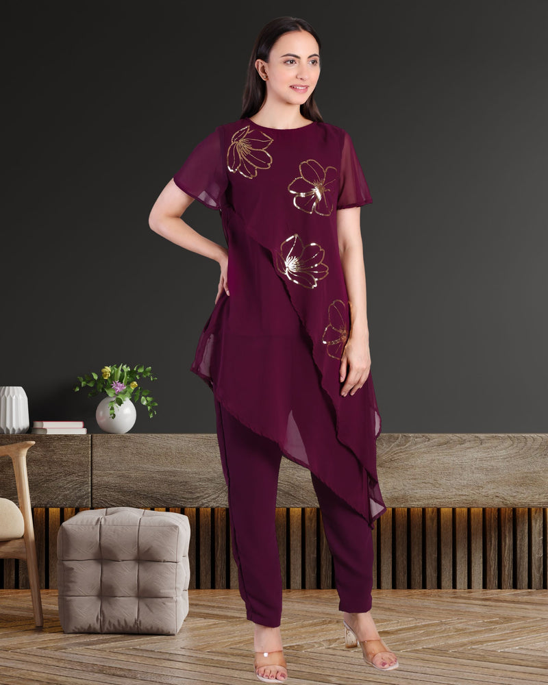 Women's Sequins Motifs Embellished Georgette Asymmetric Kurti Pant Set