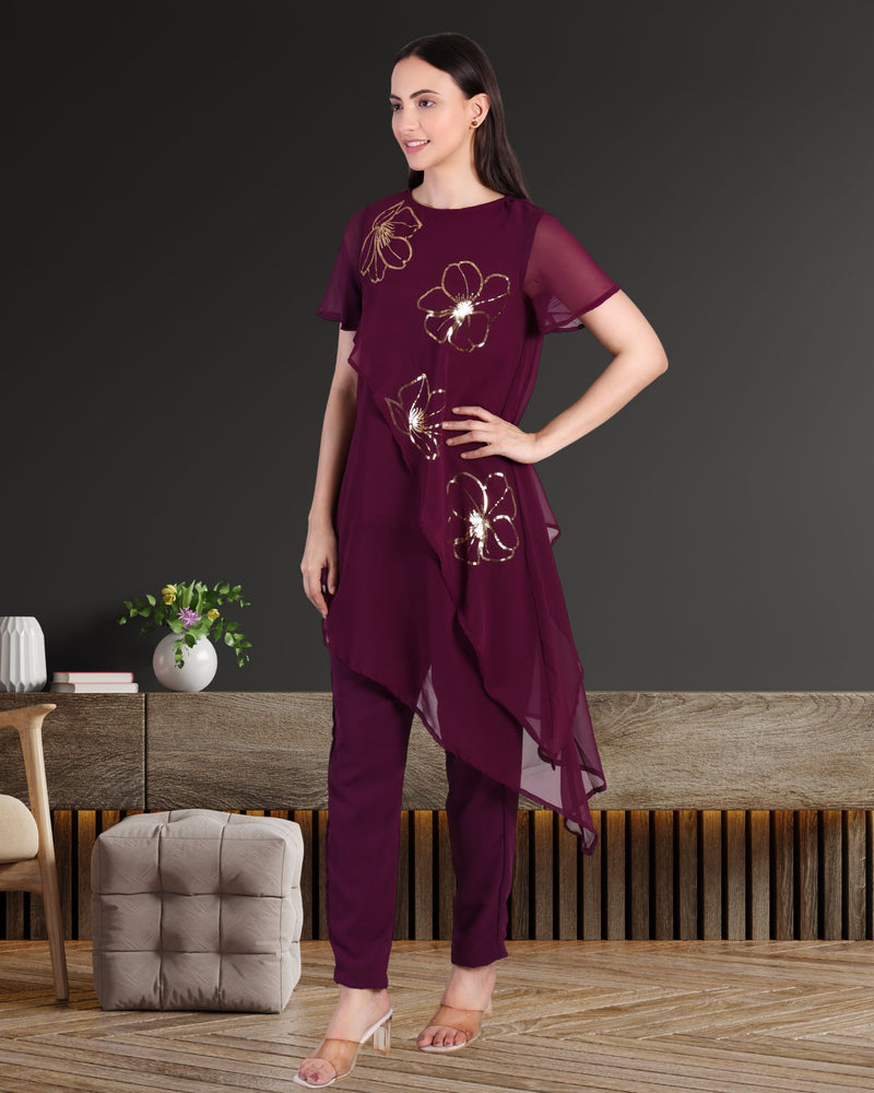 Women's Sequins Motifs Embellished Georgette Asymmetric Kurti Pant Set