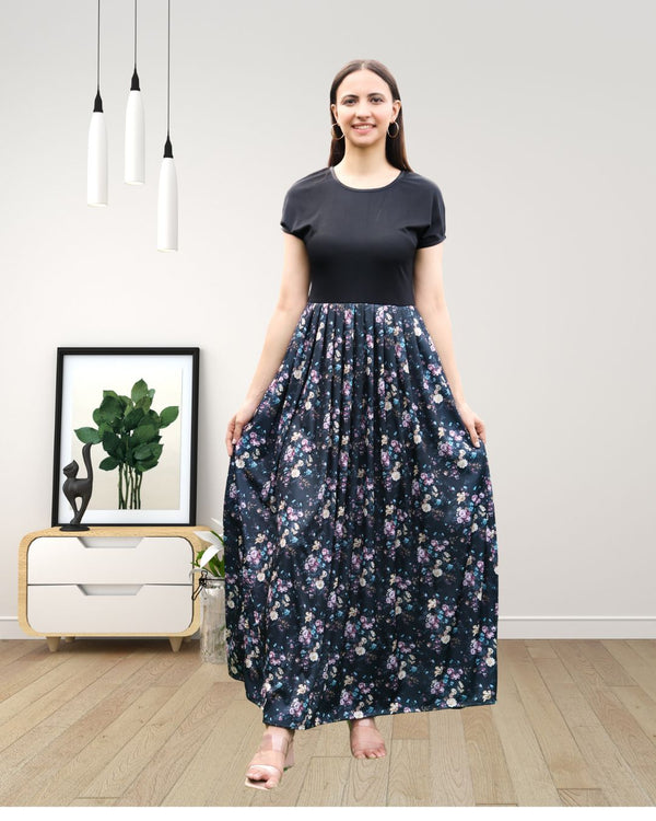 Midnight Blooms Pleated Black Floral Maxi Dress