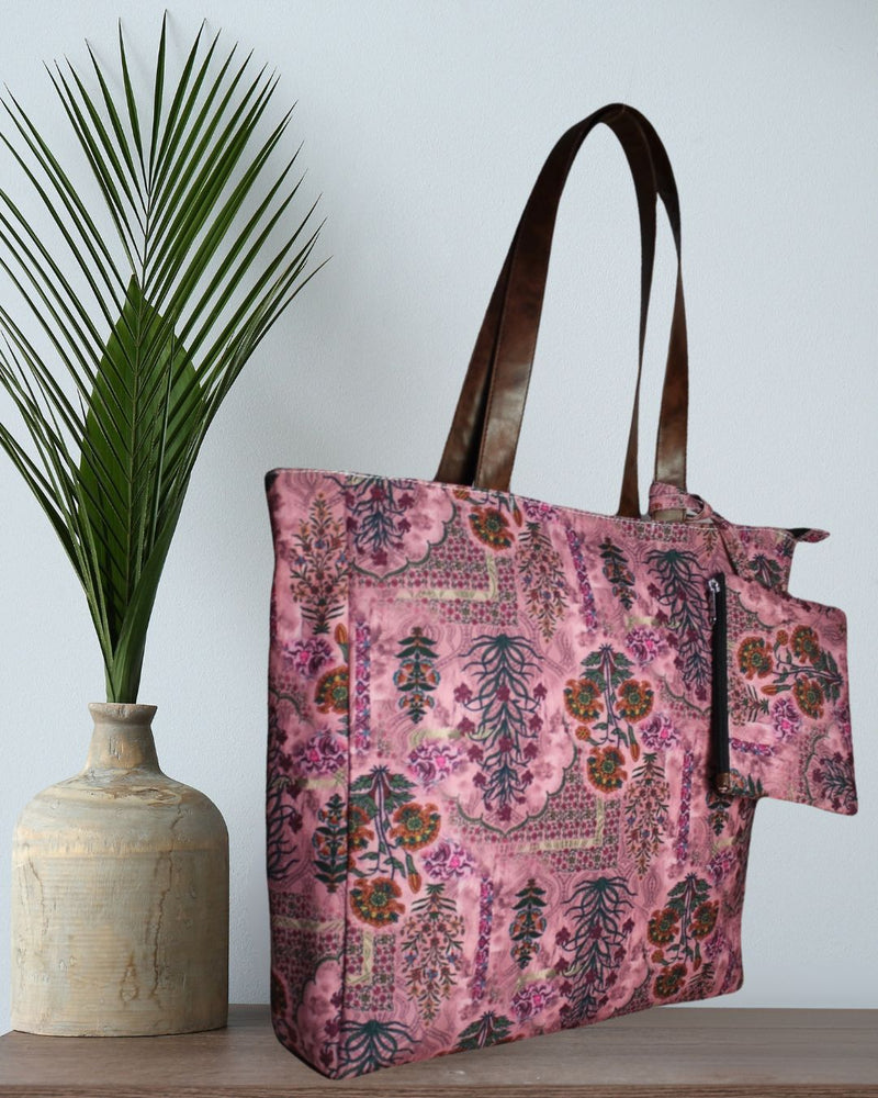 PINK JAIPURI FLORAL MOTIFS TOTE BAG EB 7