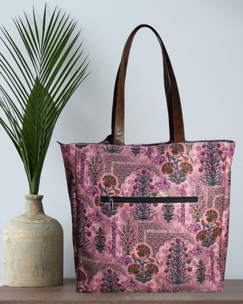 PINK JAIPURI FLORAL MOTIFS TOTE BAG EB 7
