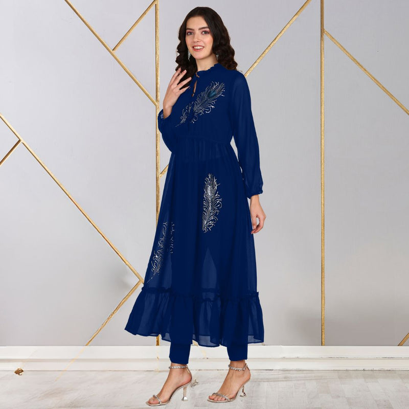 peacock motifs indo western long kurti pant set