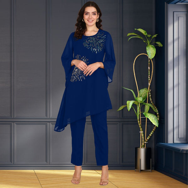 Women Georgette Asymmetric Kurta Pant Set INDW 02 BLUE