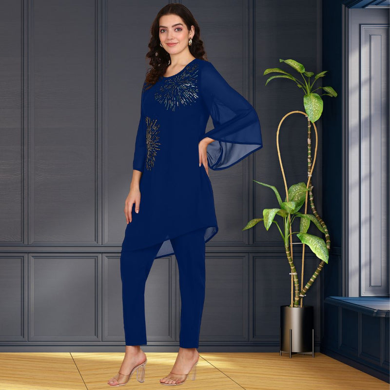 Women Georgette Asymmetric Kurta Pant Set INDW 02 BLUE