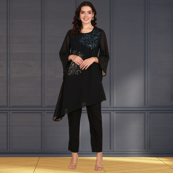 Women Georgette Asymmetric Kurta Pant Set INDW 02 Black