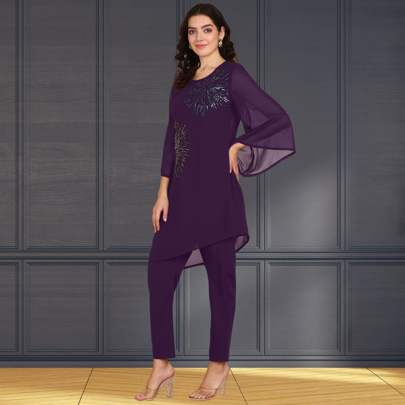 Women Georgette Asymmetric Kurta Pant Set INDW 02 PURPLE