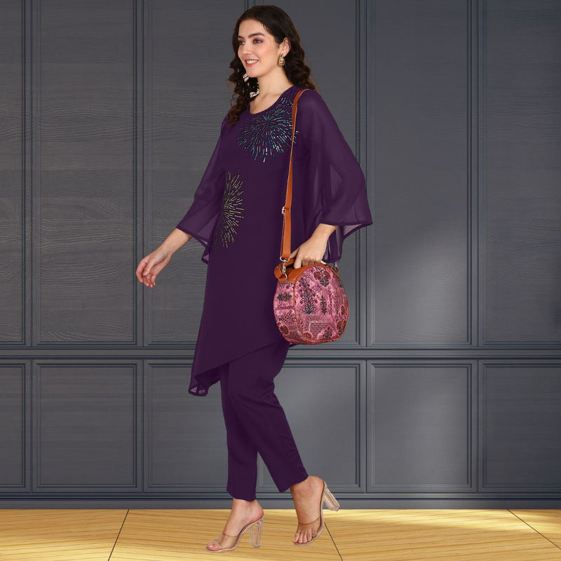 Women Georgette Asymmetric Kurta Pant Set INDW 02 PURPLE