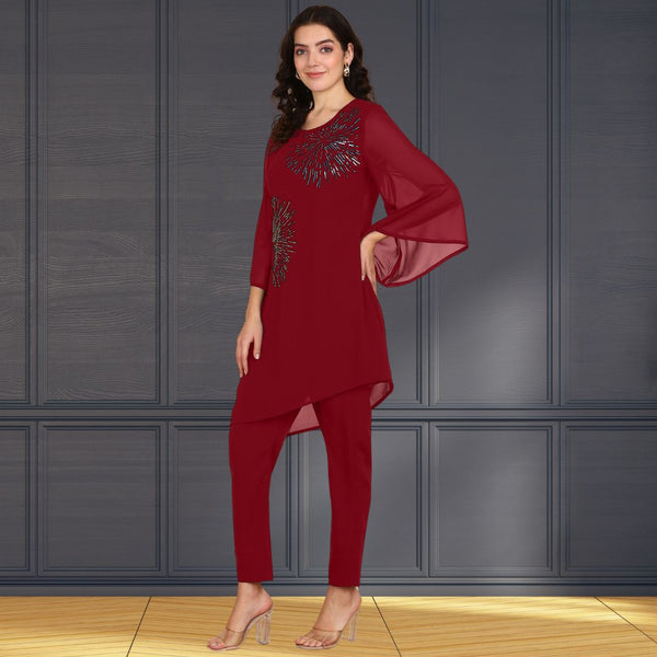 Women Sequins Motifs Embellished Asymmetric Kurti Pant Set