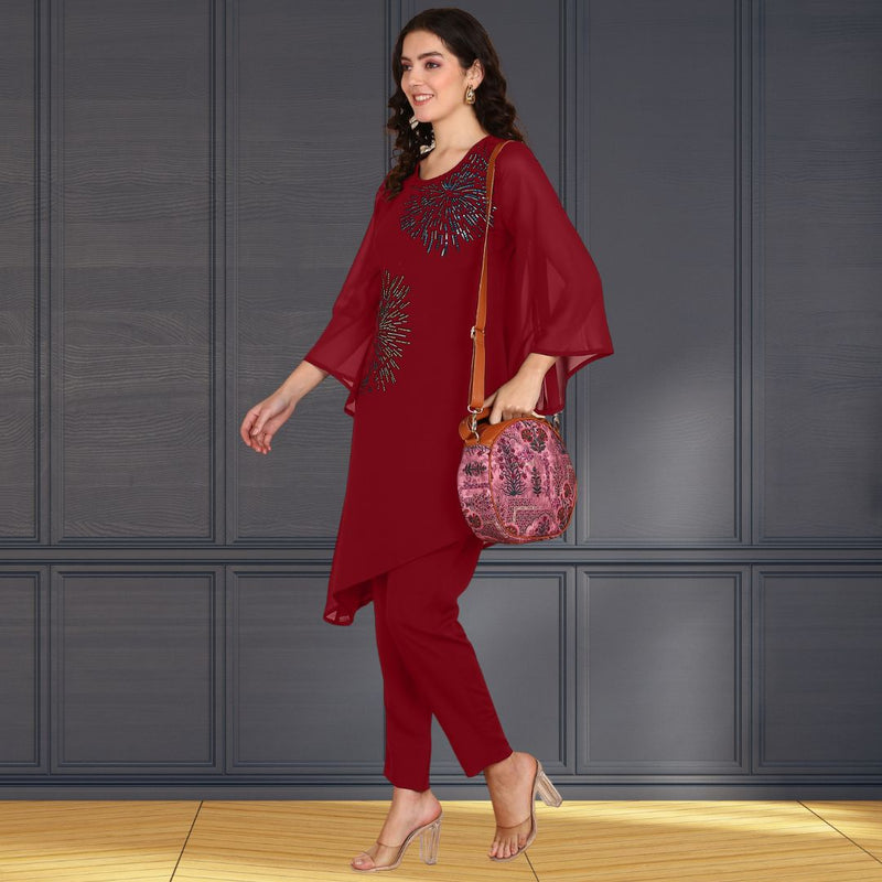 Women Sequins Motifs Embellished Asymmetric Kurti Pant Set