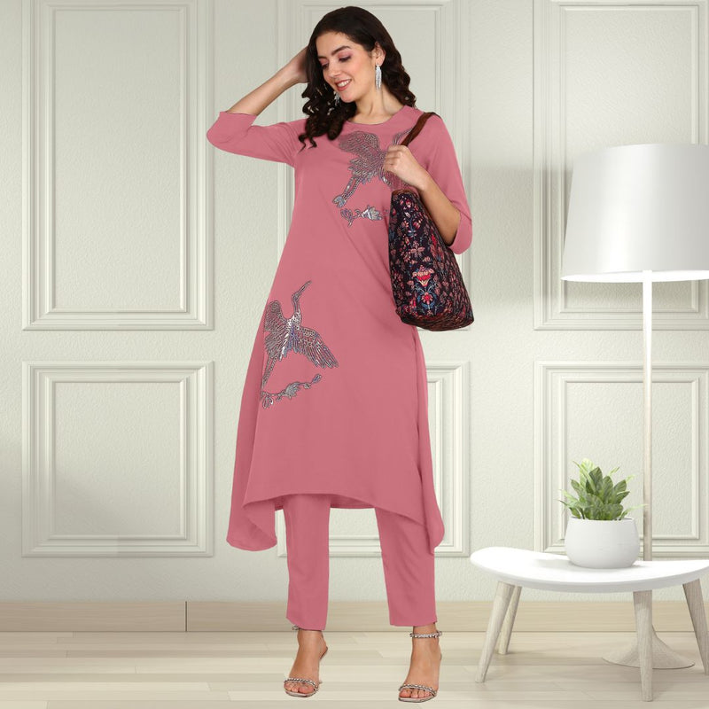 Women Sequins Motifs Embellished Asymmetric Kurti Pant Set