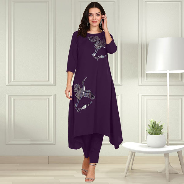 Women Sequins Motifs Embellished Asymmetric Kurti Pant Set