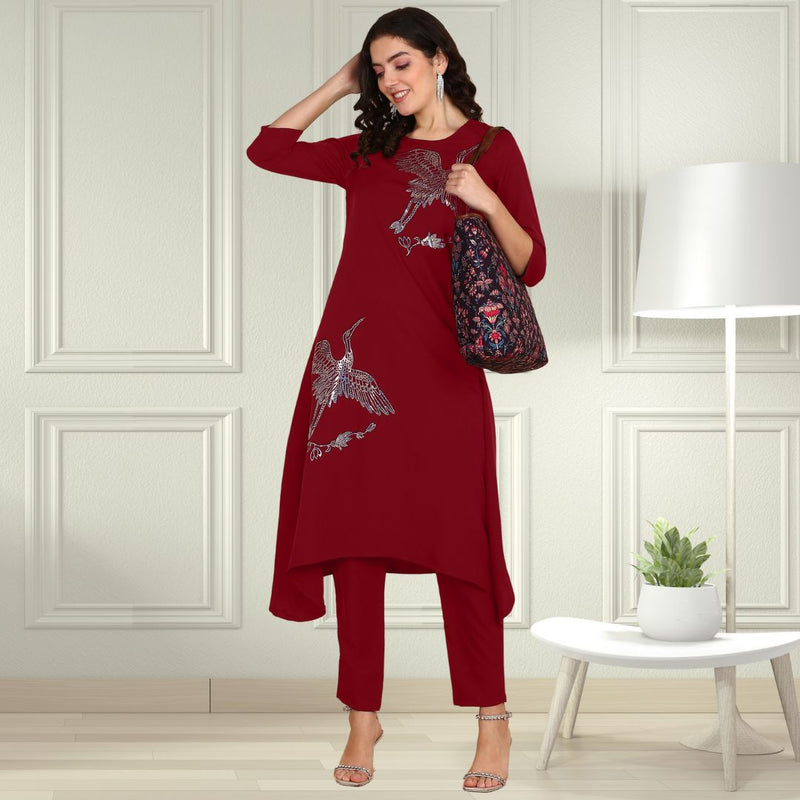 Women Sequins Motifs Embellished Asymmetric Kurti Pant Set