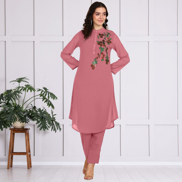 Women Sequins Motifs Embellished Asymmetric Kurti Pant Set