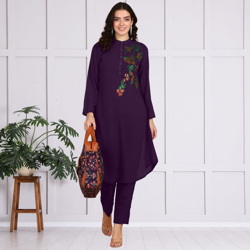 Women Sequins Motifs Embellished Asymmetric Kurti Pant Set