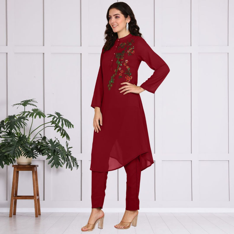 Women Sequins Motifs Embellished Asymmetric Kurti Pant Set