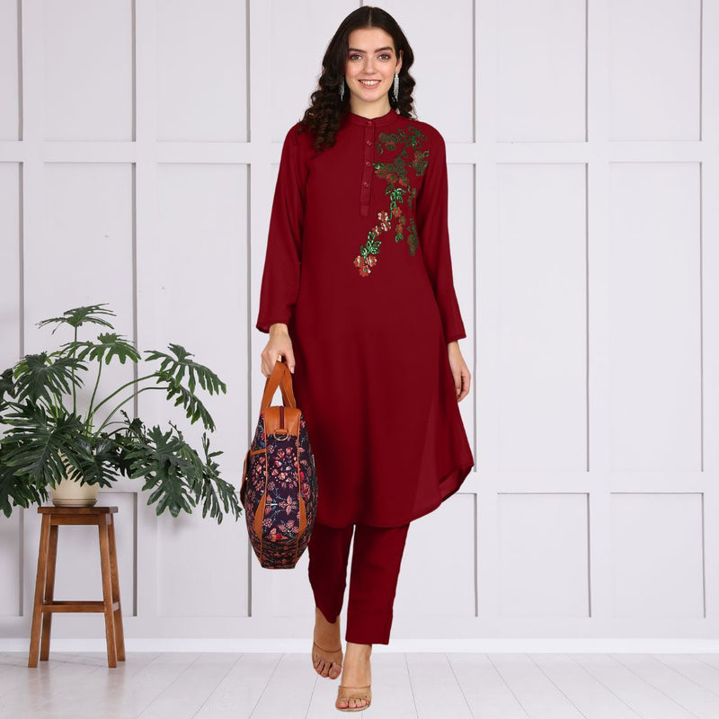 Women Sequins Motifs Embellished Asymmetric Kurti Pant Set