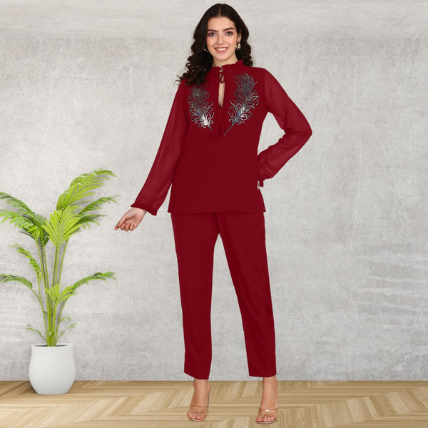 Women Sequins Motifs Embellished Asymmetric Kurti Pant Set