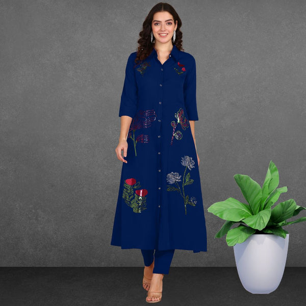 Women Sequins Motifs Embellished Asymmetric Kurti Pant Set