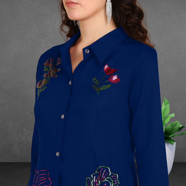 Women Sequins Motifs Embellished Asymmetric Kurti Pant Set