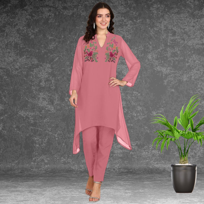 Women's Sequins Motifs Embellished Asymmetric Kurti Pant Set