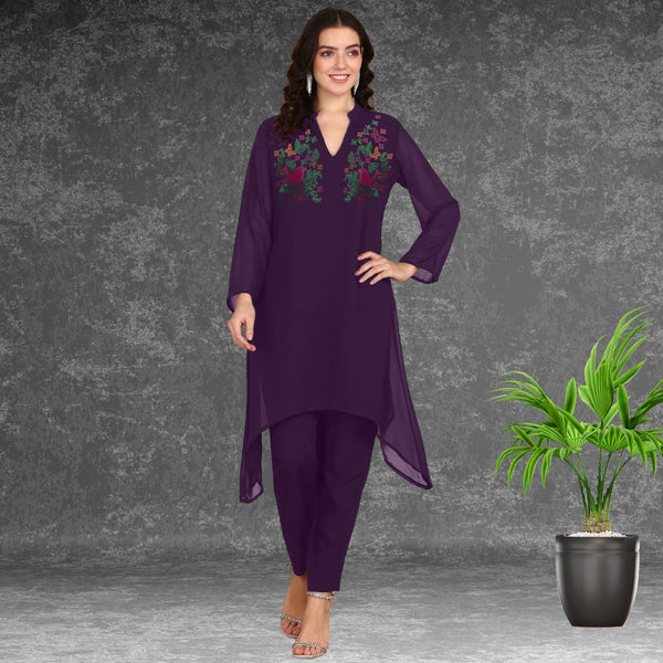 Women Sequins Motifs Embellished Asymmetric Kurti Pant Set