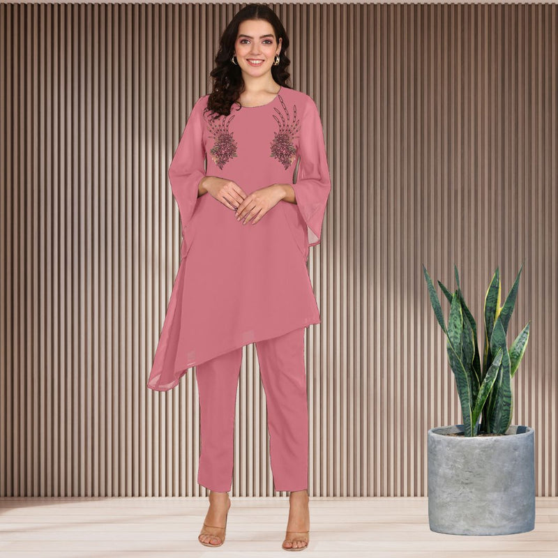 Women Sequins Motifs Embellished Asymmetric Kurti Pant Set