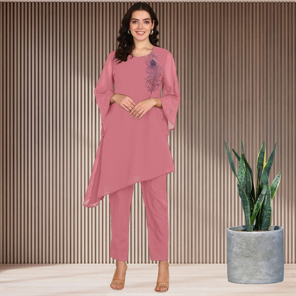 Women Sequins Motifs Embellished Asymmetric Kurti Pant Set