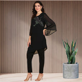 Women Sequins Motifs Embellished Asymmetric Kurti Pant Set,