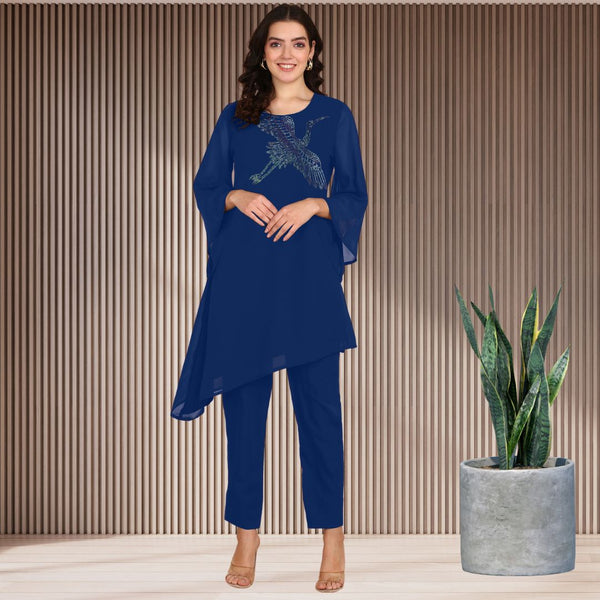 Women Sequins Motifs Embellished Asymmetric Kurti Pant Set,