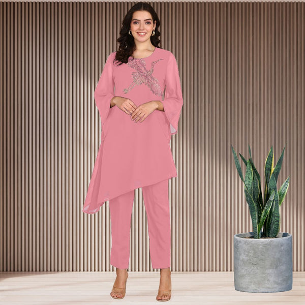 Women Sequins Motifs Embellished Asymmetric Kurti Pant Set