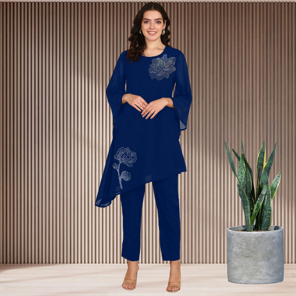 Women's Sequins Motifs Embellished Asymmetric Kurti Pant Set