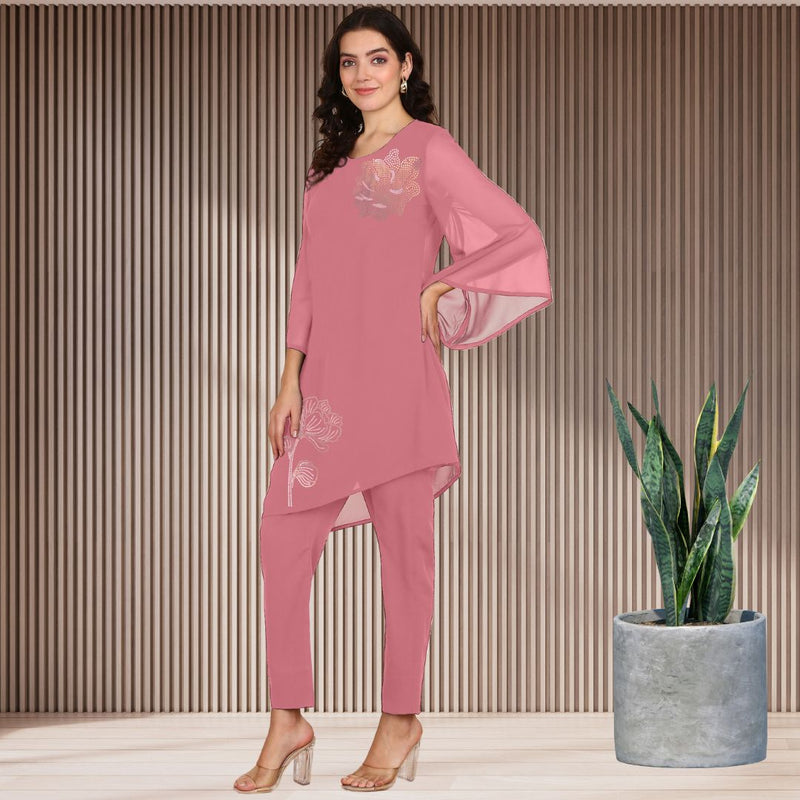 Women Sequins Motifs Embellished Asymmetric Kurti Pant Set