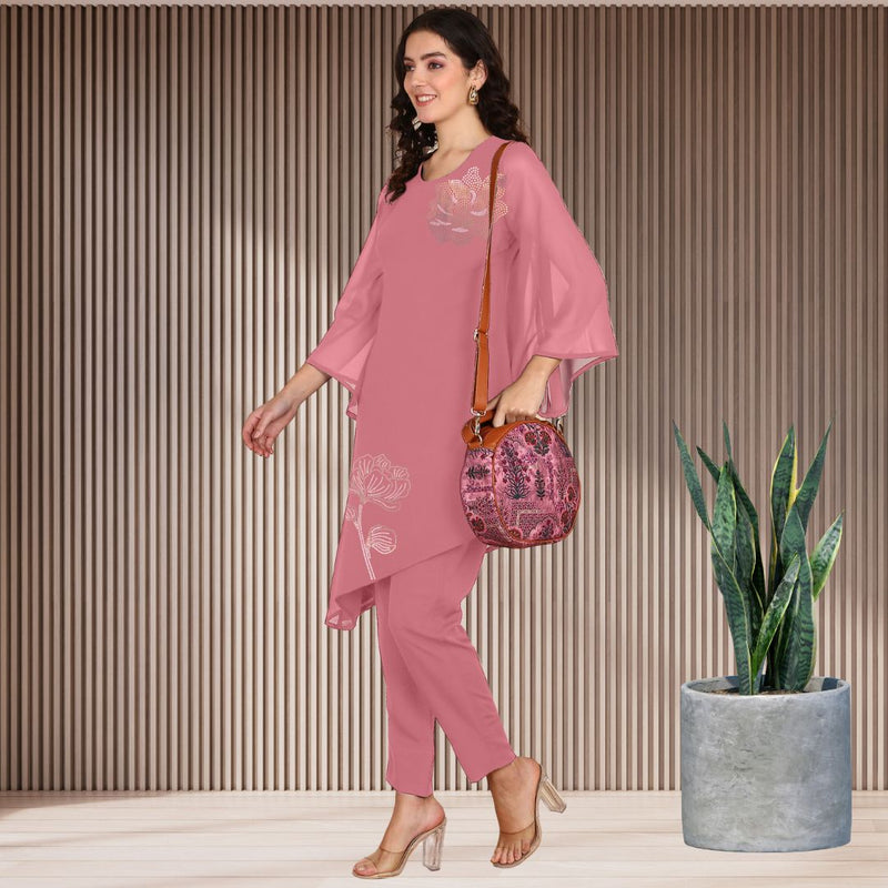 Women Sequins Motifs Embellished Asymmetric Kurti Pant Set