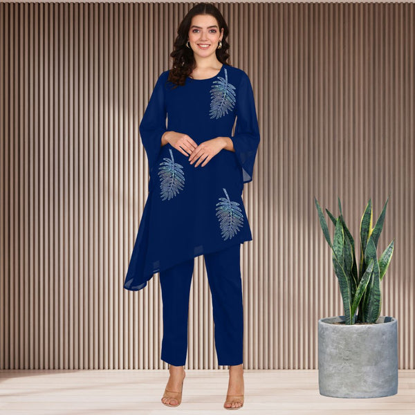 Women Sequins Motifs Embellished Asymmetric Kurti Pant Set