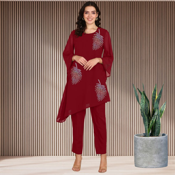 Women Sequins Motifs Embellished Asymmetric Kurti Pant Set