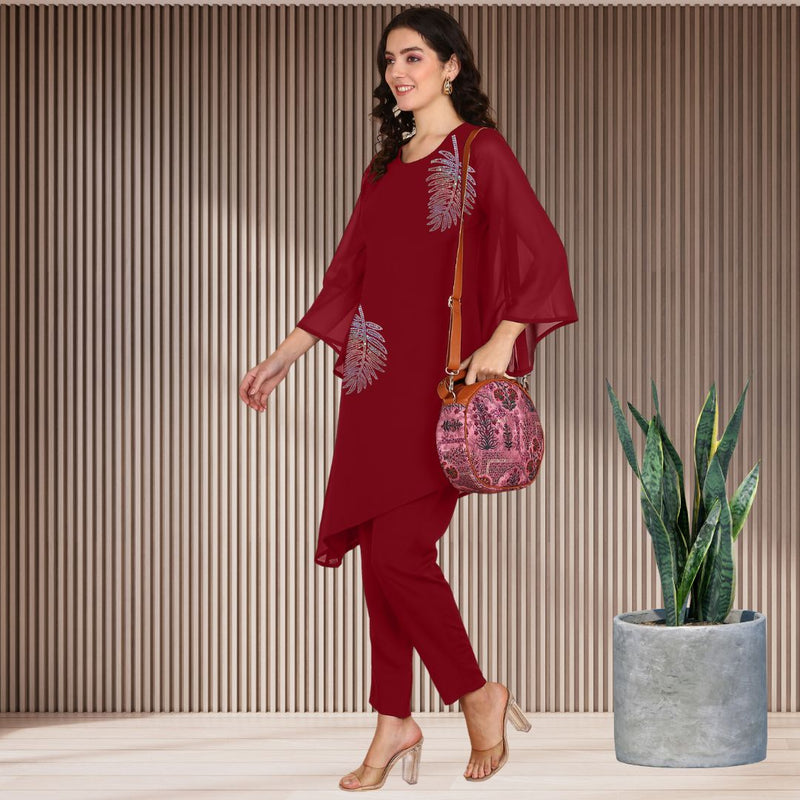 Women Sequins Motifs Embellished Asymmetric Kurti Pant Set