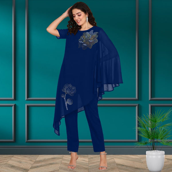 Women Sequins Motifs Embellished Asymmetric Kurti Pant Set