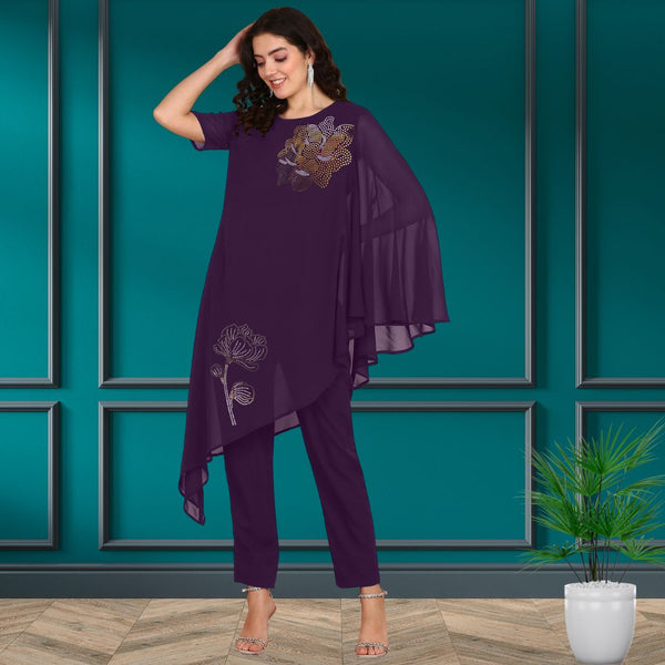 Women Sequins Motifs Embellished Asymmetric Kurti Pant Set