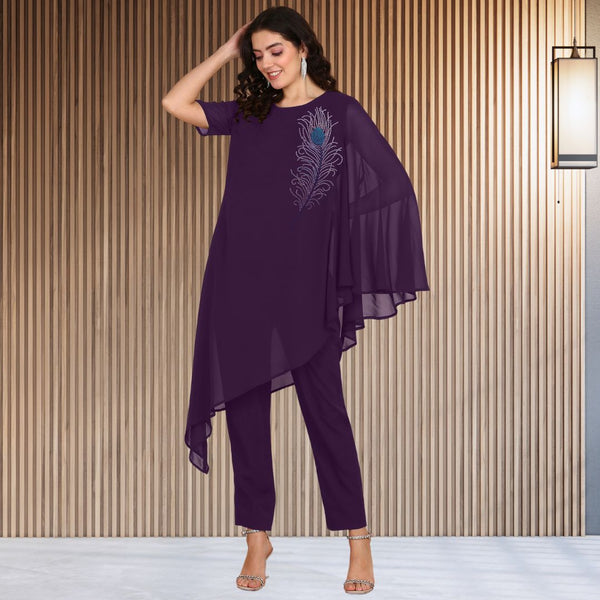 Women Sequins Motifs Embellished Asymmetric Kurti Pant Set