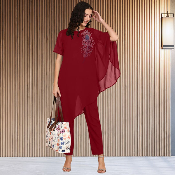 Women Sequins Motifs Embellished Asymmetric Kurti Pant Set