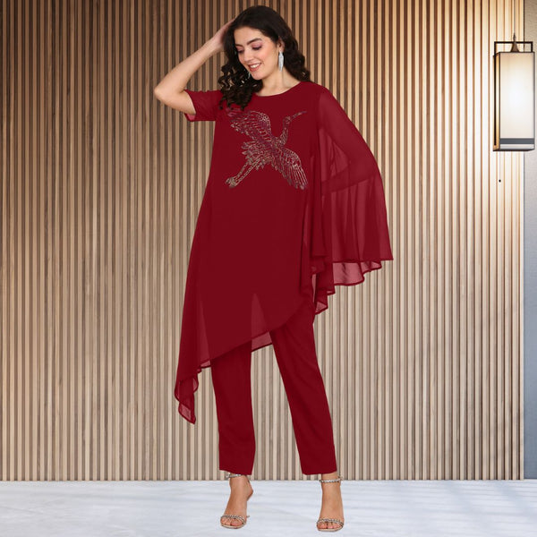 Women Sequins Motifs Embellished Asymmetric Kurti Pant Set