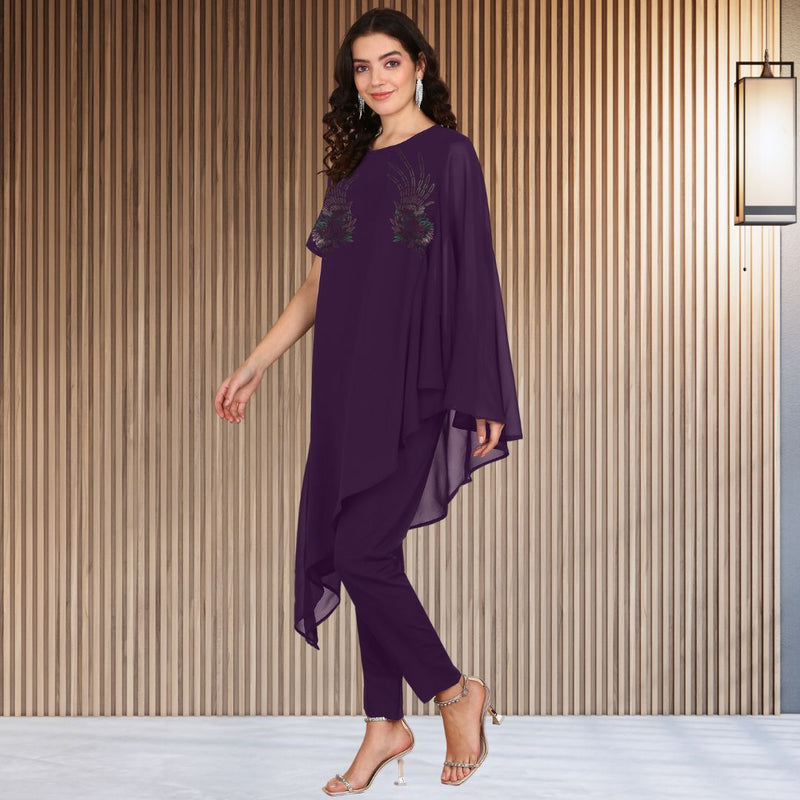 Women Sequins Motifs Embellished Asymmetric Kurti Pant Set