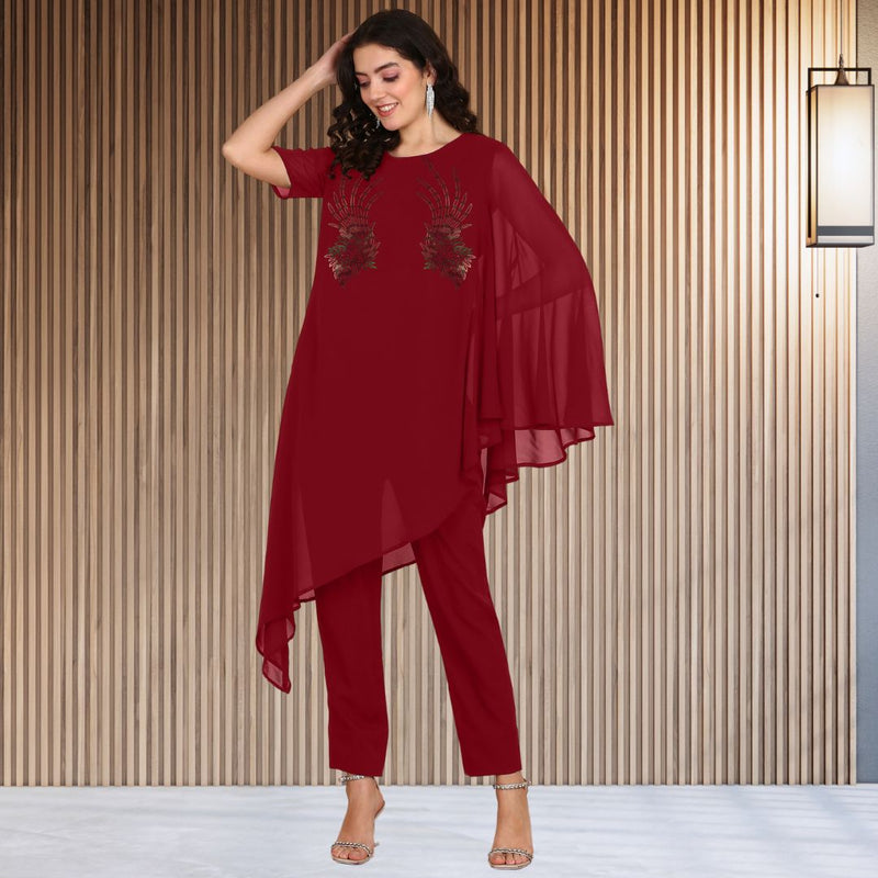 Women Sequins Motifs Embellished Asymmetric Kurti Pant Set