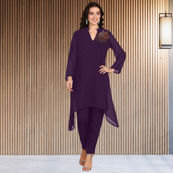 Women Sequins Motifs Embellished Asymmetric Kurti Pant Set