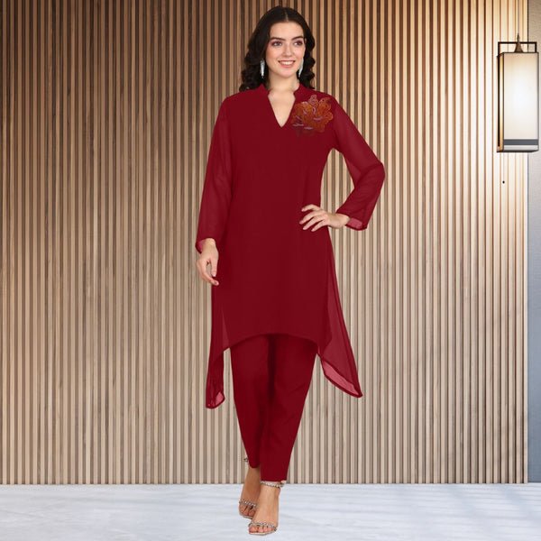 Women Sequins Motifs Embellished Asymmetric Kurti Pant Set