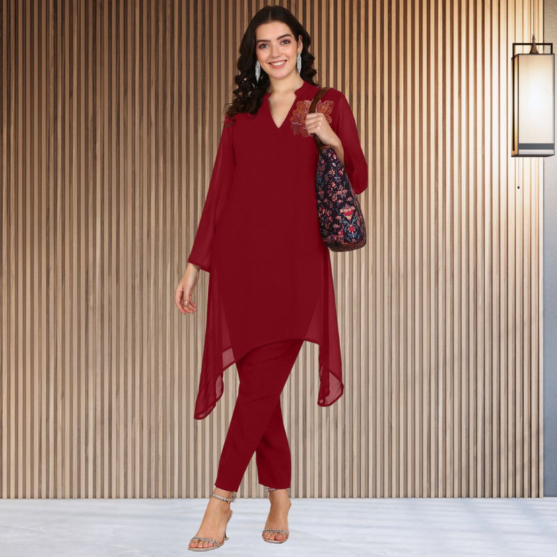 Women Sequins Motifs Embellished Asymmetric Kurti Pant Set