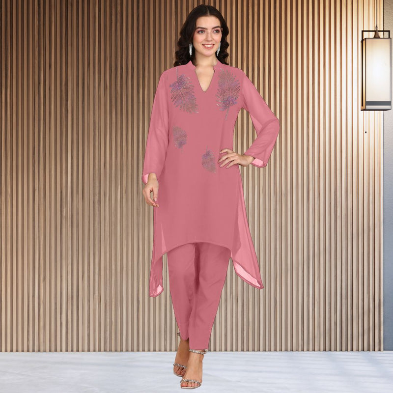 Women Sequins Motifs Embellished Asymmetric Kurti Pant Set